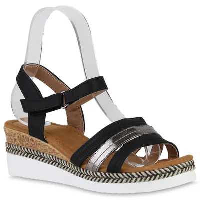 Produktbild von VAN HILL Damen Sandaletten Keilsandaletten Metallic Profil-Sohle Schuhe 840276, Farbe: Schwarz Grau Metallic, Größe: 37