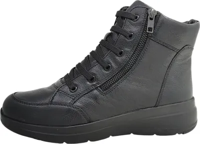 A black leather boot with laces and a side zipper, shown from the side against a white background.