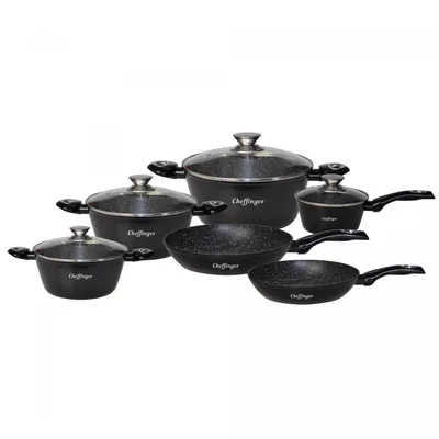 Produktbild von Cheffinger CF-FA1010: 10-Teiliges Marmorbeschichtetes Kochgeschirr-Set Schwarz