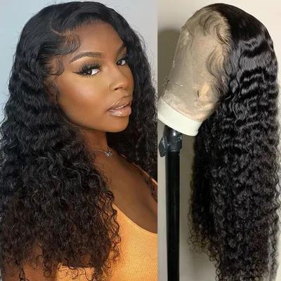 Image de Perruque en cheveux humains, type "deep wave", avec dentelle sur le devant (13×4), densité de 180%, longueur de 18 pouces, pour femmes