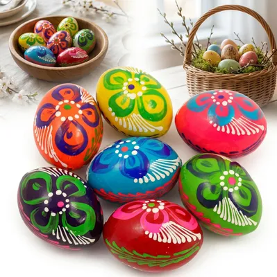 Immagine prodotto di UOVA DI PASQUA in legno GRANDI 6x5 cm decorate a mano DIPINTE pasquali 10 pezzi