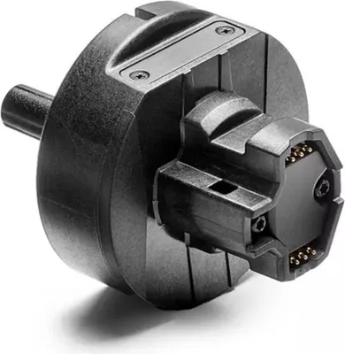 A black electronic component with connectors.