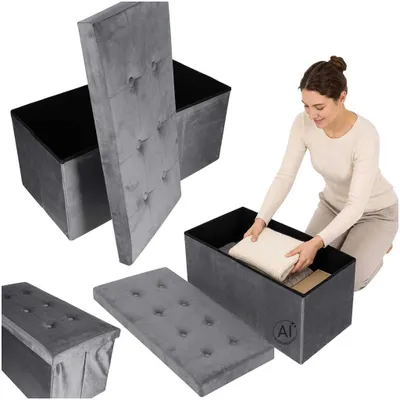 Obrázek produktu pro Puf s úložným prostorem pod sedákem, otevírací, skládací, velurový, 77x38x37 cm, šedý