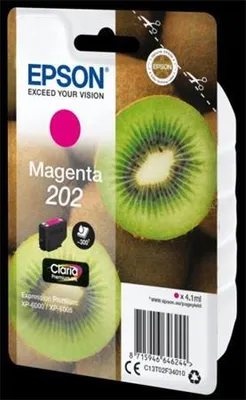 Obrázek produktu pro Epson Kiwi Singlepack Magenta 202 Claria Premium Ink, Standardní výtěžnost, Purpurová, Inkoust na pigmentové bázi, 4,1 ml, 1 kusů, 300 str.