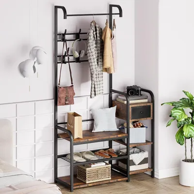 Produktbild von Garderobe mit Sitzbank 5-in-1, Schuhregal, 8 Haken, Braun