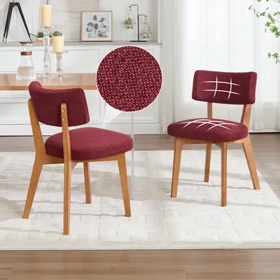 Zdjęcie produktu dla Zestaw dwóch krzeseł do jadalni w stylu mid-century, obity tkaniną, z nogami z litego drewna, wymiary: 54,5 x 47 x 77 cm, kolor: bordo