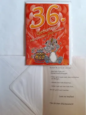 Produktbild von 1 Glückwunschkarte, 36. Geburtstag, Doppelkarte m. Umschlag, Hund Kuchen