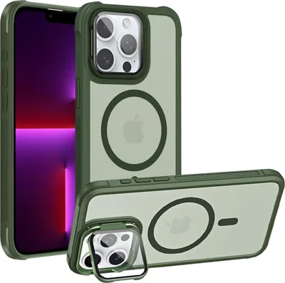 A green iPhone 13 Pro Max case with MagSafe compatibility and a foldable camera protector stand is shown from multiple angles.