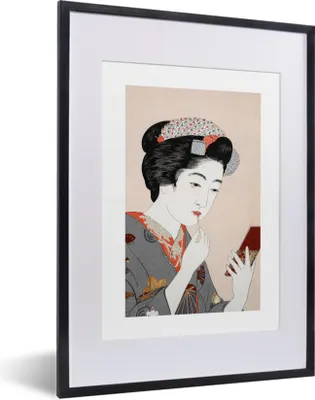 Produktbild von MuchoWow® Gerahmtes Poster Frau - Kimono - Schminken - Japan - Vintage 30x40 cm - Poster mit Schwarzem Bilderrahmen Wandposter Rahmen Foto Bilder - Wandposter Schlafzimmer