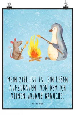 Produktbild von Mr. & Mrs. Panda Bild Pinguin Lagerfeuer DIN A2 - Eisblau - Geschenk, drucke, Job, wanddeko, Design Poster, Pinguine, Arbeit, kunstdruck, Wandbild