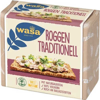 A product package for Wasa Roggen traditionell crispbread.