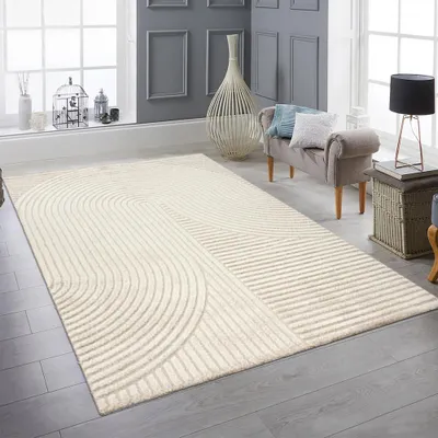 Produktbild von Teppich Wohnzimmer hell weich Linien- und Bogenmuster beige Größe - 300 x 400 cm