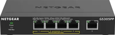 Zdjęcie produktu dla NETGEAR GS305PP, Nie zarządzany, Gigabit Ethernet (10/100/1000), Pełny dupleks, Obsługa PoE, Montaż naścienny / rzutowanie na sufit