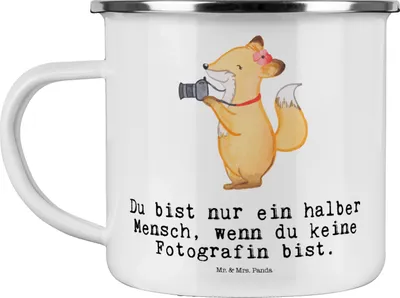 Produktbild von Mr. & Mrs. Panda Emaille Tasse Fotografin Herz - Weiß - Geschenk, Fotografie, Beruf, Ausbildung, Spruch, Kaffeepott, Teetasse, Pott, becher