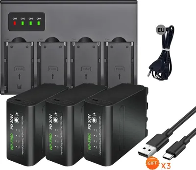 Immagine prodotto di Batteria per fotocamera, capacità 10800 mAh, connettore di ricarica tipo C, 3 batterie, 1 caricabatterie