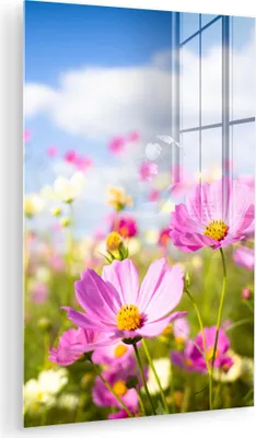 Produktbild von MuchoWow Glasbilder - Bilder auf Wandbild - Foto auf Glas Blumen - Wiese - Lila - Gras - Weiß - Wolken - Blau 20x30 cm Wanddekoration aus Glas - Acrylglasbild - Acrylbilder - Acrylglas