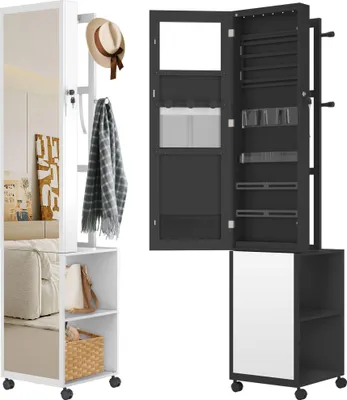 Image de XINZI Armoire à bijoux 3 en 1 avec miroir intégral & miroir intérieur, verrouillable, Sur roulettes, avec espace de rangement & doublure en velours, Blanc