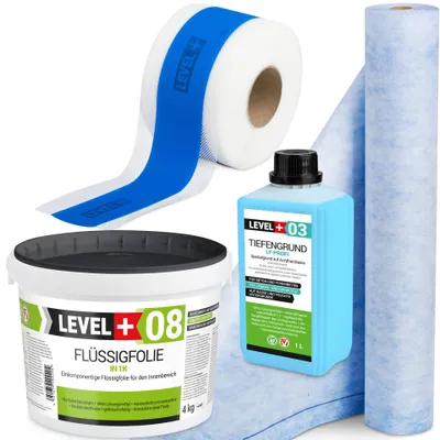 Immagine prodotto di Kit di impermeabilizzazione Foglio liquido 4 kg Nastro sigillante 5 mb Tappetino 1 mb Primer 1 l Bagno doccia Level+ SET313