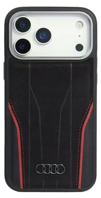 A black Audi R8 phone case with red stitching and the Audi logo.
