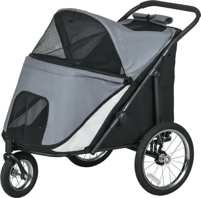 Produktbild von Hundewagen Hundebuggy Netzfenster Klappbar Katzenwagen Sicherheitsleine Große Gummiräder Bis 30Kg Oxford Grau