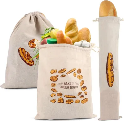 Produktbild von Famanu Brotsäcke aus Leinen, 3 Stück, wiederverwendbar, mit Kordelzug, 31 x 38 cm und 16 x 64 cm