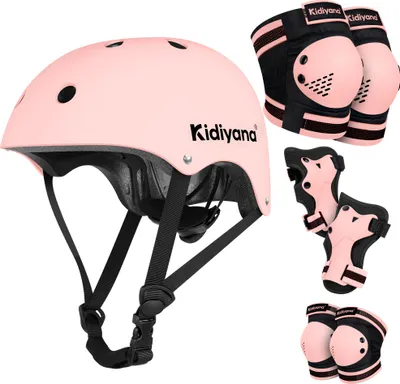 Produktbild von Kidiyana Kinder Schutzset Rosa – Fahrradhelm S + Protektoren S für 2–6 Jahre – Knie-, Ellenbogen- & Handgelenkschoner