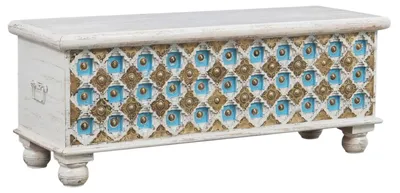 Imagen del producto de Cofre de madera maciza y latón, fabricado a mano, con detalles decorativos, de 116 cm