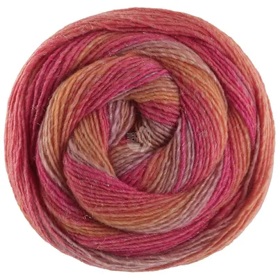 Produktbild von Lana Grossa GOMITOLO GALA 200 g Dochtgarn im Farbverlauf mit Lurex-Effekt 700 m Farbe 4032 - Graulila/Pink/Tomatenrot/Orangegelb
