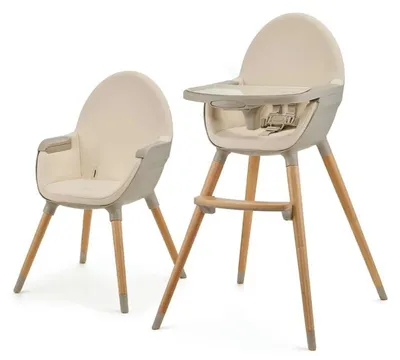 Image de Kinderkraft FINI 2 Chaise haute 2en1 - Plateau réglable - Assise éco-cuir - Pieds en hêtre - Harnais 5 points - Pieds antidérapants - Beige