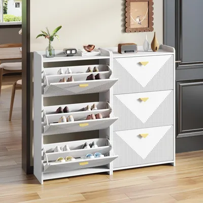 Immagine prodotto di Merax Scarpiera a 2 ante con 3 ante a ribalta e maniglie dorate, scaffale per scarpe con 6 ripiani e ante stampate sottovuoto, divisori regolabili, MDF, bianco