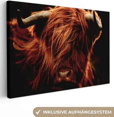 Produktbild von MuchoWow® - Leinwandbilder - Schottischer Highlander - Kuh - Hörner - Porträt - Tiere, Wandbild, Wanddeko Bilder Wohnzimmer, 90x60 cm