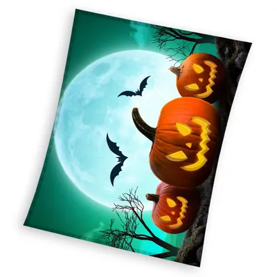 Three carved pumpkins stacked on a tree trunk against a large full moon and dark sky with bats flying.