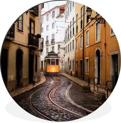 Produktbild von MuchoWow® Aluminium Wandkreis Lissabon - Straßenbahn - Portugal Ø 30 cm Wanddeko Modern Wohnzimmer - Wand Bild - Wohnzimmer - Runde Bilder - Alubilder - Kunst für zu Hause - Aluminium - Wanddekoration
