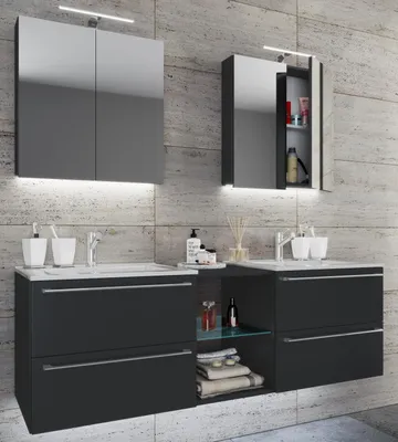 Produktbild von VCM 3-tlg. Set | 2 Waschtisch, 2 Spiegelschrank, 2 Waschbecken, 1 Mittelfach | Keramik Waschbecken | Unterschrank 155 cm | Badmöbel Set Doppel Waschplatz - Badinos XXL