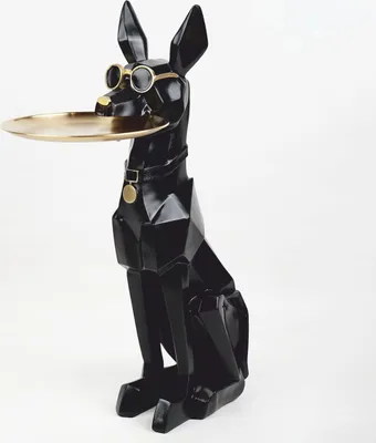 Deko Kunstharz Figur Skulpltur Hund Dobermann mit Tablett Schwarz Gold