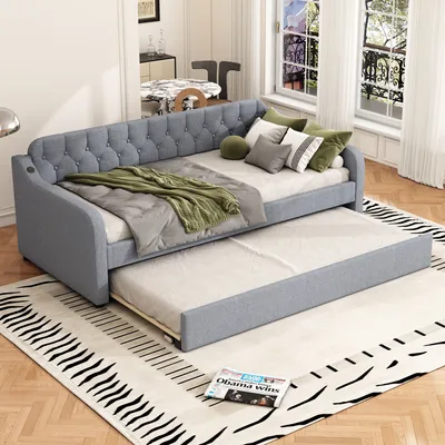 Produktbild von Flieks Schlafsofa 90x200cm mit USB, Polsterbett mit Ausziehbett, Tagesbett Gästebett mit Lattenrost, Einzelbett Holzbett, Leinen, Grau