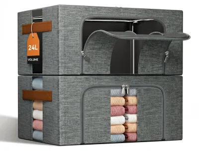 Obrázok produktu pre Omgoods – Skladacia taška na uskladnenie oblečenia s kovovým rámom, sivá (2 x 24 litrov)