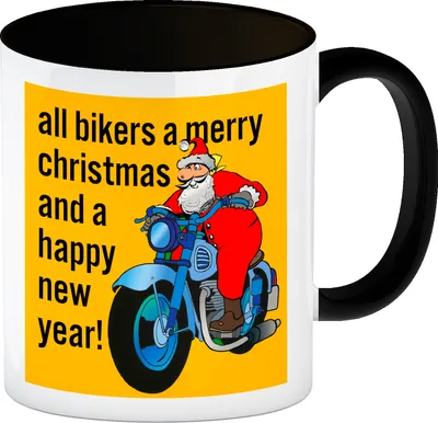 Produktbild von Weihnachten Biker Kaffeebecher Schwarz mit Weihnachtsmann auf Motorrad in orange