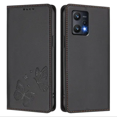Produktbild von Lederhülle für Realme 9 Pro 5G, Schmetterling Prägung Leder Brieftasche Schutzhülle mit Ständer Schwarz