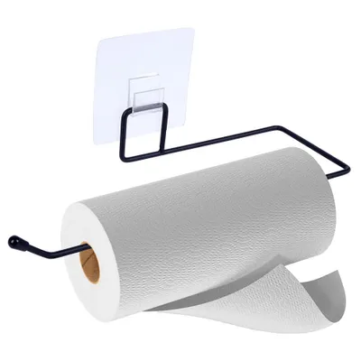 Produktbild von Vilde Papierhandtuchhalter, selbstklebend ohne Bohren, schwarzes Metall, 27,5x9x9,5 cm. Industrieller Loft-Stil für Küche: Arbeitsplatte, Hängeschrank oder Wand. Passend für alle Papierhandrollen (auch große), 72g, spülmaschinenfest.