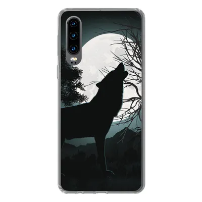 Produktbild von MuchoWow® Handyhülle Schutzhülle Hülle für Huawei P30 Wolf - Scherenschnitt - Mond Silikon Softcase Handy Hülle - Kartenbesitzer