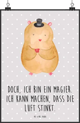Produktbild von Mr. & Mrs. Panda Bild Hamster Hut DIN A2 - Grau Pastell - Geschenk, Lustige Sprüche, Plakat, Kunstdruck, Zauberer, drucke, Zylinder, Magier, wanddeko, Deko, Zwerghamster