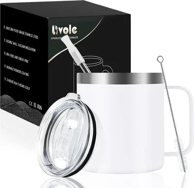 Zdjęcie produktu dla Termos do kempingu, 350 ml, z pokrywką i słomką, termos dwuścienny 350 ml, termos próżniowy z uchwytem, kubek na kawę na wynos, izolowany kubek outdoorowy, biały