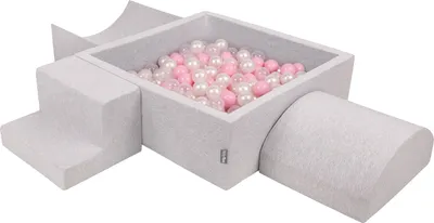 Produktbild von KiddyMoon spielplatz aus schaumstoff mit quadrat bällebad (300 bälle) ballgruben für babys spielbad hindernisläufen, hergestellt in der eu, hellgrau:puderrosa/perle/transparent