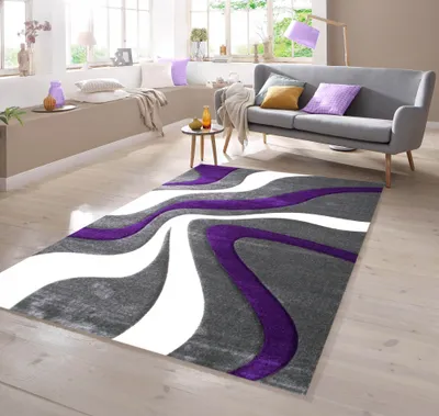 Zdjęcie produktu dla Designerski dywan z wycięciami konturowymi, wzór falisty, fioletowo-szaro-biały, wymiary – 200 x 290 cm