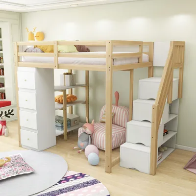 Produktbild von STILVORA Hochbett 140x200 Jugendbett Massivholzbett mit Aufbewahrungsschublade,Kinderbett mit Sicherheits-Kletterleiter&Rausfallschutz,Natur(mit Matratze)