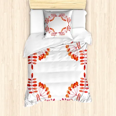 Produktbild von ABAKUHAUS Eberesche Mantele, Blätter Früchte, Milbensicher Allergiker geeignet mit Kissenbezügen, 135 cm x 200 cm - 80 x 80 cm, Rot Orange Weiß