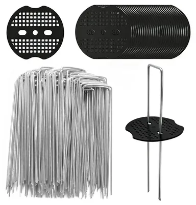 Zdjęcie produktu dla Haki do agrowłókniny, 60 sztuk - kotwy do podłoża - kołki w kształcie litery U - stalowe paliki ocynkowane - podkładki 150 x 40 mm - trwałe i wielokrotnego użytku