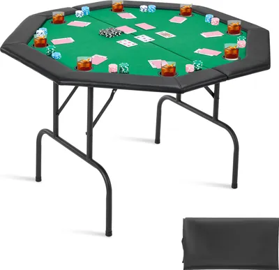 Produktbild von VEVOR klappbarer Pokertisch für 8 Spieler (126 cm) Kasino-Freizeittisch mit gepolsterten Schienen & Getränkehaltern, achteckige tragbare Spieltische mit Filz- und Metallbeinen, Texas Hold’em Poker