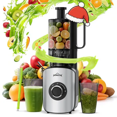 Produktbild von HOMELUX Entsafter 220W Slow Juicer 126 MM Einfüllschacht für Ganze Gemüse und Obst Kaltentsafter Elektrische mit 2 Tassen Reinigungsbürste, Silber